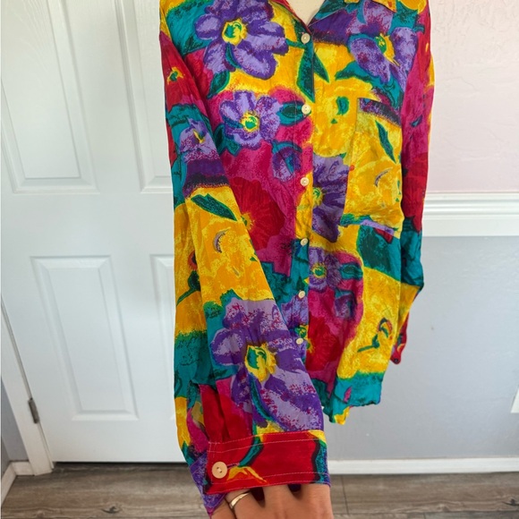 Vintage XPL XPLOSIF Women’s Long Sleeve Floral Blouse Size Medium 100% Silk - Picture 8 of 15